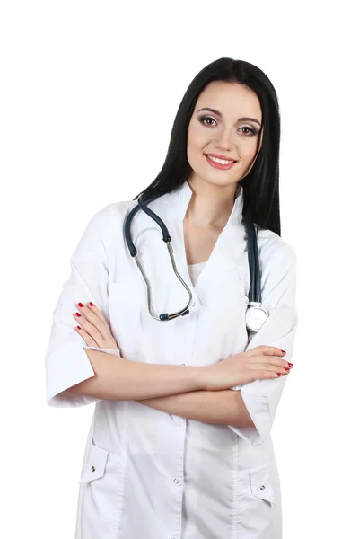 Mladá krásná doktor s stetoskop izolovaných na bílém — Stock fotografie