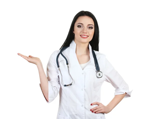 Jonge mooie arts met een stethoscoop geïsoleerd op wit — Stockfoto