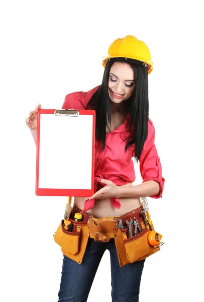 Bela jovem menina-construtor segurando pasta isolada no branco — Fotografia de Stock