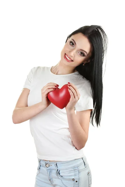 Hermosa joven sosteniendo corazón rojo aislado en blanco — Foto de Stock