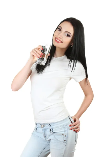 Beautiful young girl and glass of water isolated on white — Stock Photo, Image