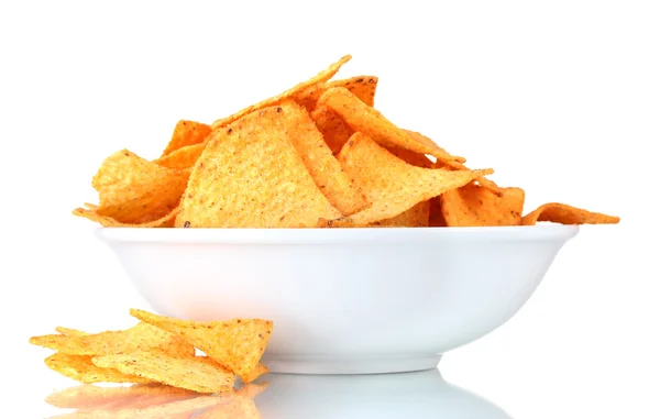 Tasty potato chips in bowl isolated on white — Stock Photo, Image