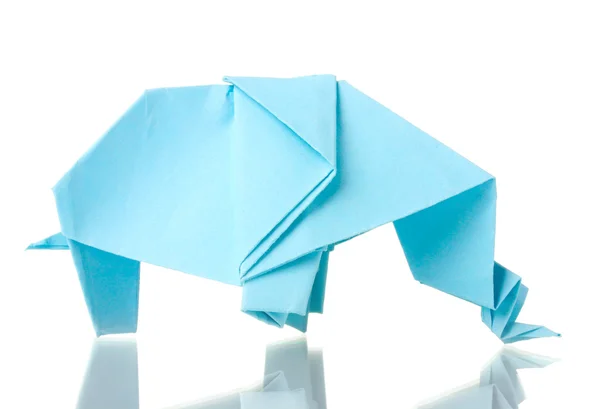 Origami elephant out of the blue paper isolated on white — Stock Photo, Image