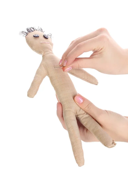 Bambola vodoo ragazzo nelle mani di donne isolate su bianco — Foto Stock