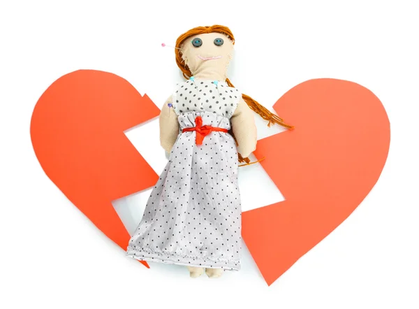 Voodoo boneca menina no coração partido isolado no branco — Fotografia de Stock
