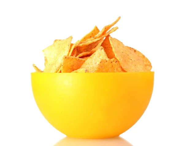 Tasty potato chips in yellow bowl isolated on white — Stock Photo, Image