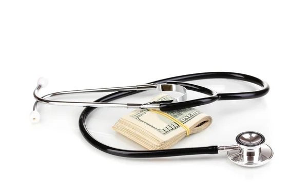 Banconote in stetoscopio e dollaro legate con elastico isolato su bianco — Foto Stock