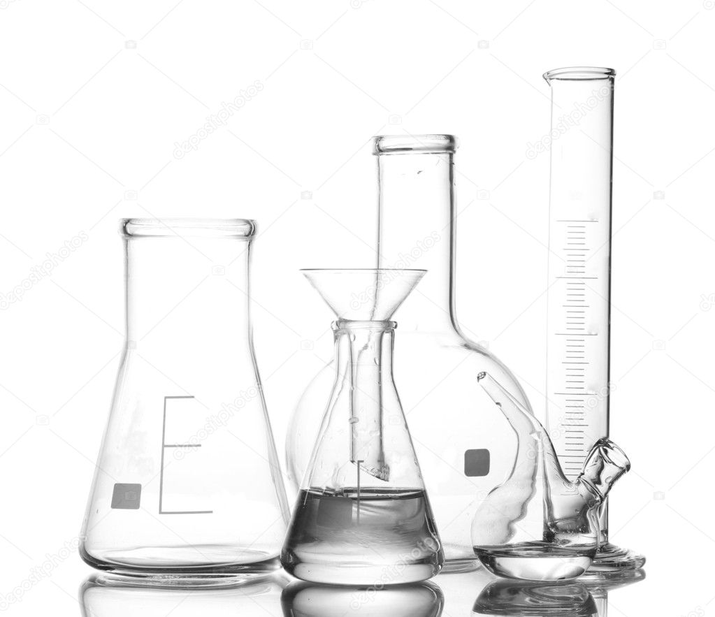 Different laboratory glassware with water and empty with reflection isolate