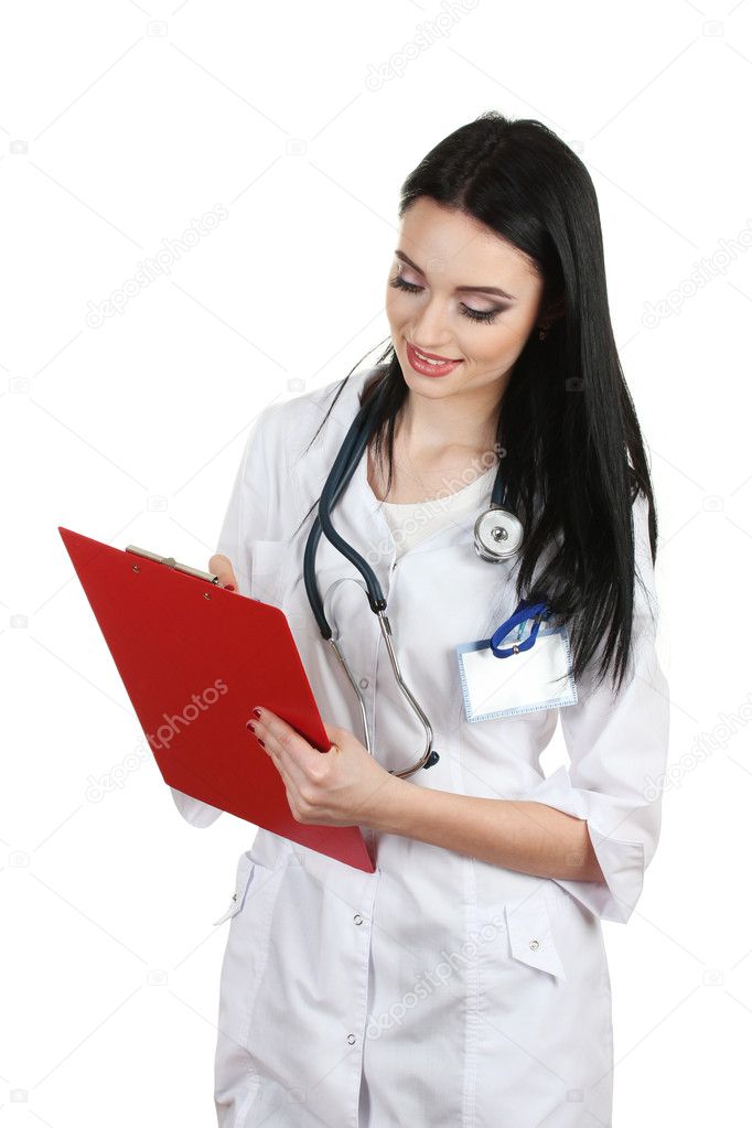 Young beautiful doctor handing folder and write