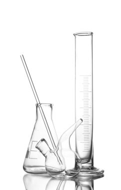 Three empty laboratory glassware with reflection isolated on white clipart