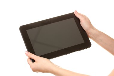 kadın bir tablet üzerinde beyaz izole tutan eller