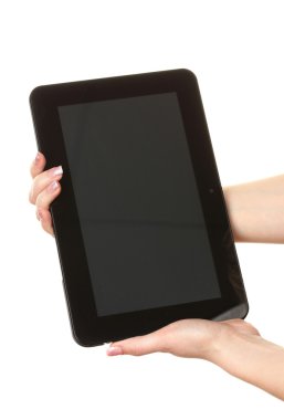 kadın bir tablet üzerinde beyaz izole tutan eller