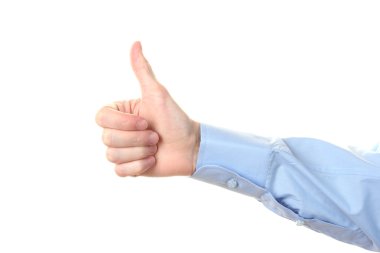 Man's hand with thumb up ok signal isolated on white clipart