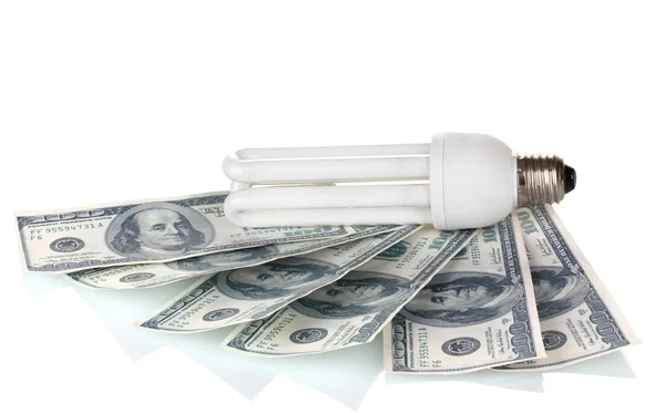 Energooszczędne lampy i pieniądze na białym tle — Zdjęcie stockowe