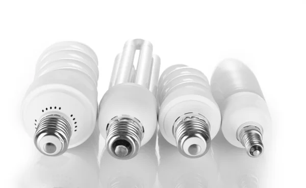 Czterech różnych energooszczędnych lampka na białym tle — Zdjęcie stockowe