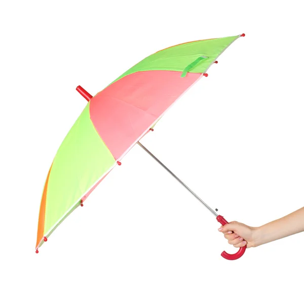 Mehrfarbiger Regenschirm in der Hand isoliert auf weiß — Stockfoto