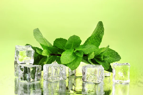 Hoja de menta fresca y cubitos de hielo con gotitas sobre fondo verde — Foto de Stock