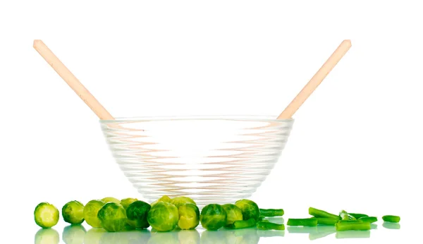Glass bowl with brussels sprouts and french bean isolated on white — Stock Photo, Image