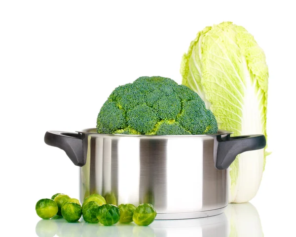 Färsk broccoli i kastrull och kål isolerad på vit — Stockfoto