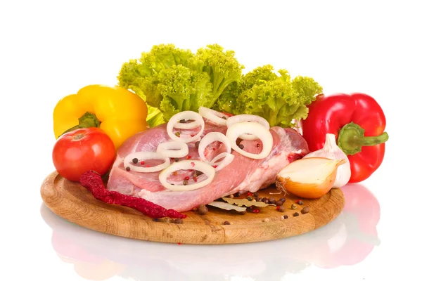 Raw meat and vegetables on a wooden board isolated on whitе — Stock Photo, Image