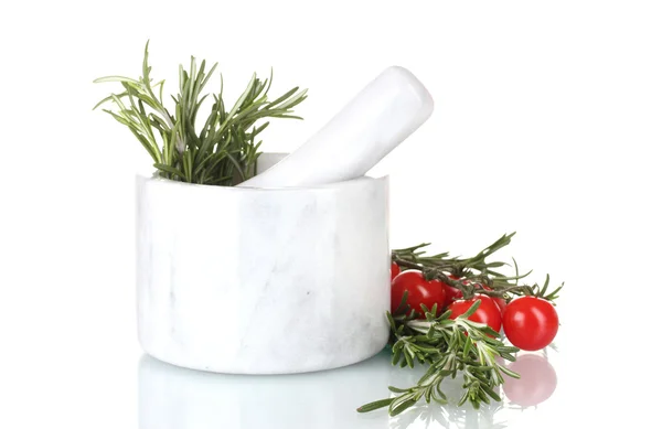 Fresh green rosemary in mortar and tomatoes cherry isolated on white — Stock Photo, Image