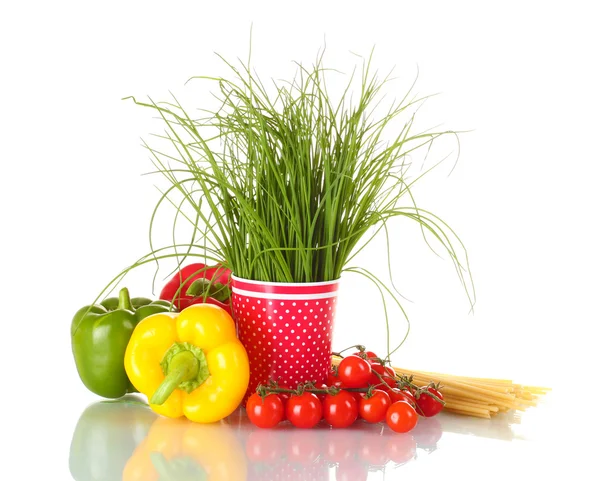 Verse groene rozemarijn in rode kop, paprika, tomaten cherry en spaghetti iso — Stockfoto