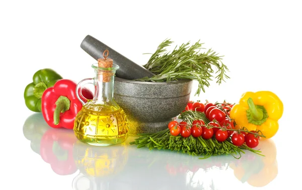 Rosemary in mortar, oil in jar, paprika, tomatoes cherry, and green onion i — Stock Photo, Image