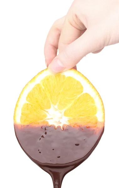 stock image Sliced ripe orange with chocolate