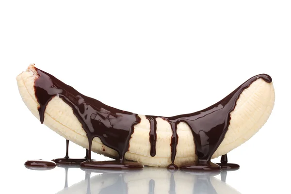 stock image Banana poured with liquid chocolate isolated on white