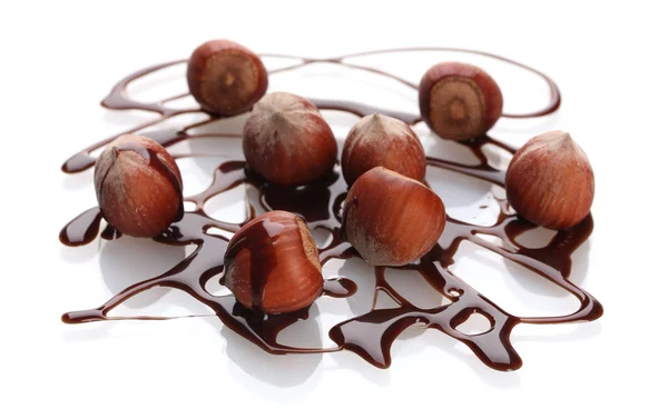 Delikat hasselnøtt og sjokoladesaus isolert på hvitt – stockfoto