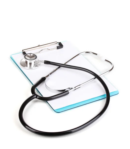 Stethoscope and blank clipboard isolated on white — Stock Photo, Image