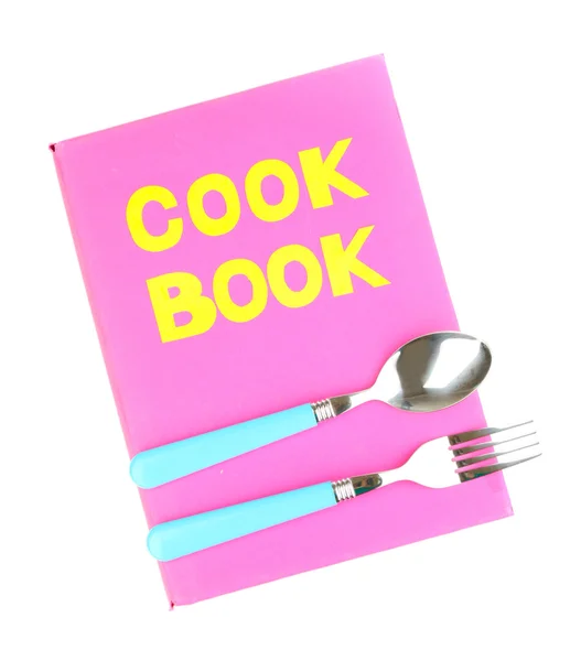 Ροζ cookbook και μαγειρικά σκεύη που απομονώνονται σε λευκό — Φωτογραφία Αρχείου