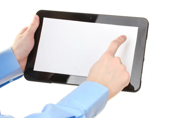 Mężczyzna ręce, trzymając tabletkę na białym tle — Zdjęcie stockowe