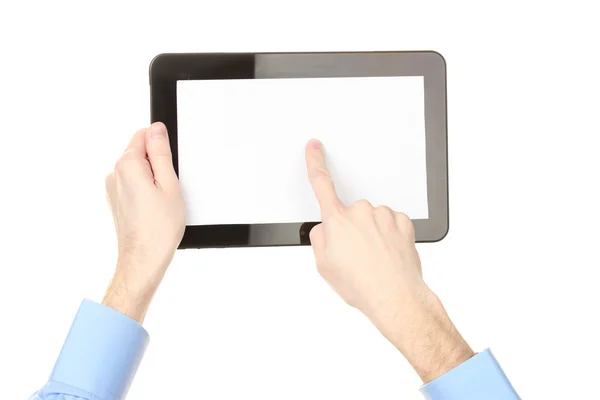 Mužské ruce držící tablet izolované na bílém — Stock fotografie