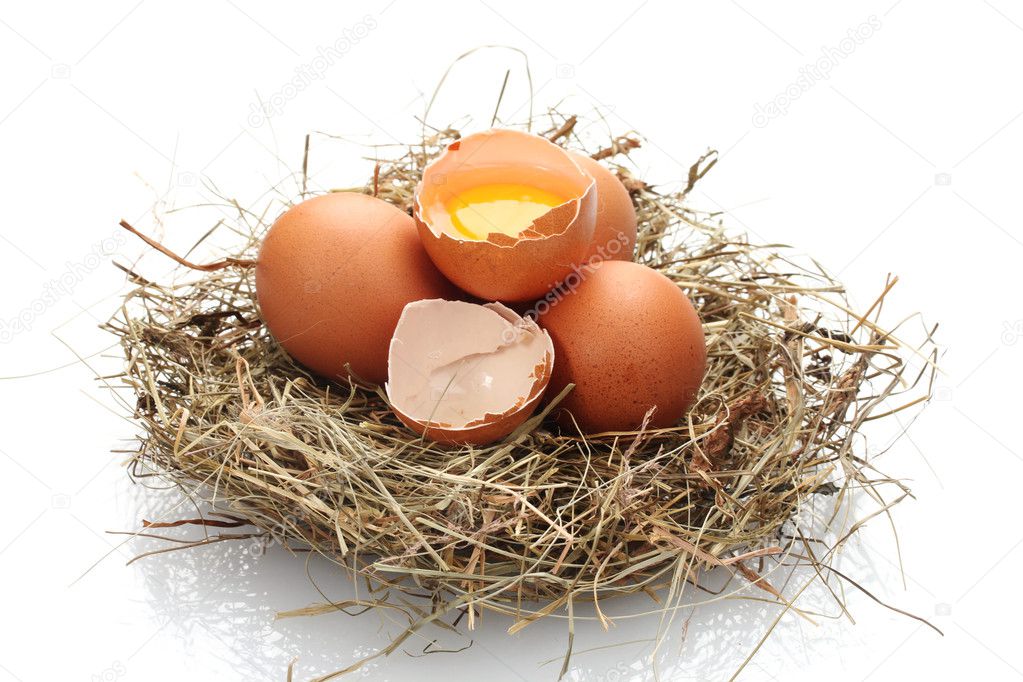 Chicken eggs in a nest isolated on white