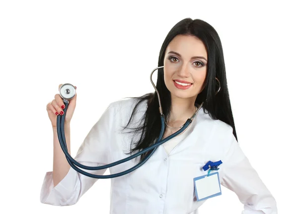 Beyaz izole stetoskop ile genç güzel doktor — Stok fotoğraf