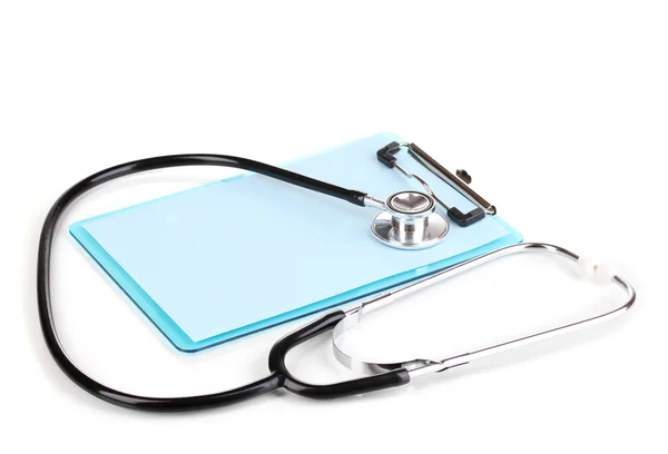 stock image Stethoscope and blank clipboard isolated on white