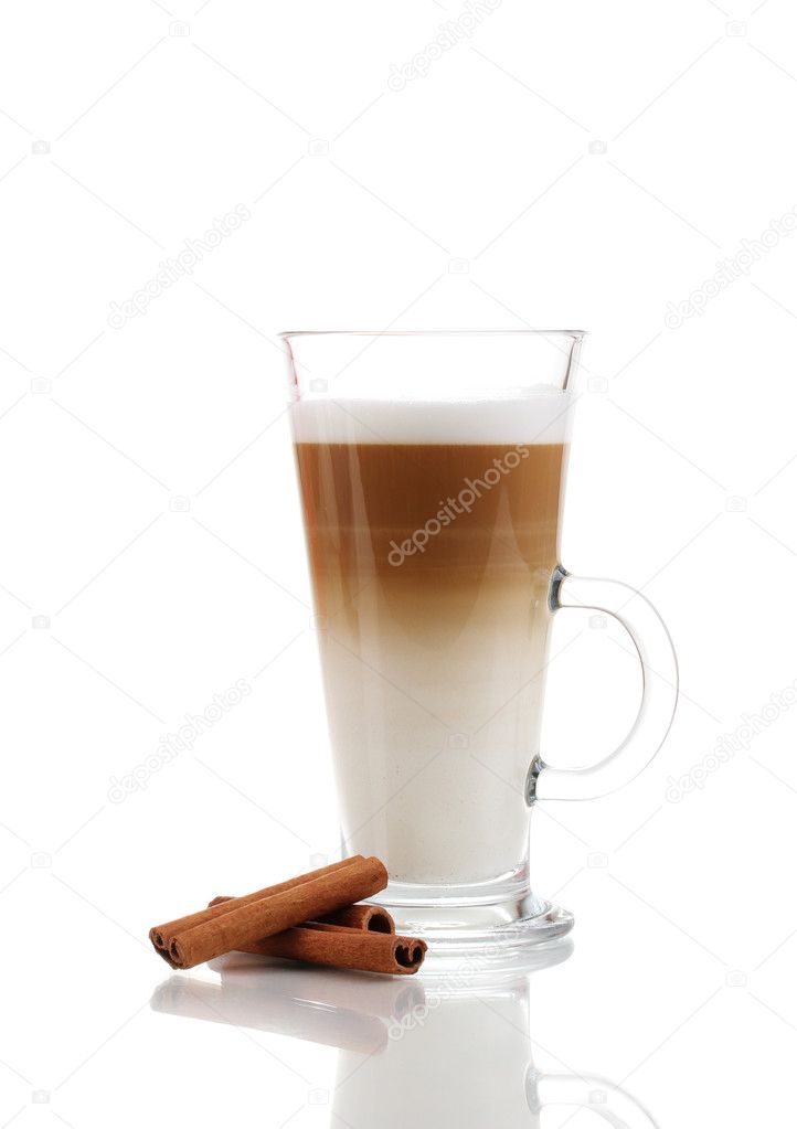 Fragrant сoffee latte in glass cup and cinnamon isolated on white