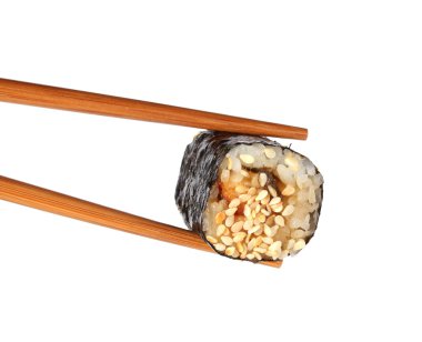 Holding rulo ile üzerine beyaz izole chopsticks