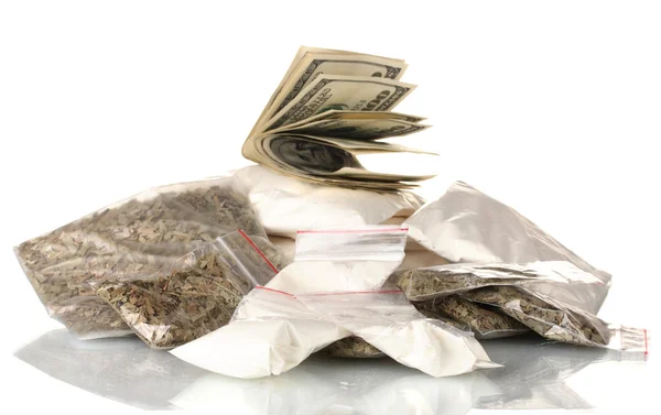 Cocaine and marijuana in packet isolated on white — Stock Photo, Image