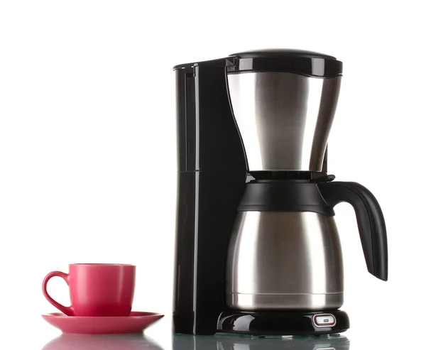 Kahve makinesi ile üzerine beyaz izole kırmızı Kupası — Stok fotoğraf
