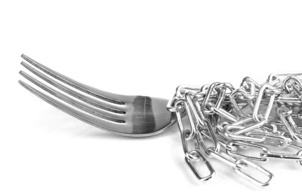 Fork with chain close-up isolated on white — Stock Photo, Image