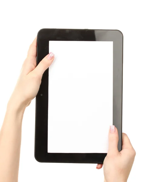 Kadın bir tablet üzerinde beyaz izole tutan eller — Stok fotoğraf