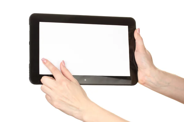 Woman hands holding a tablet isolated on white — Stock Photo, Image