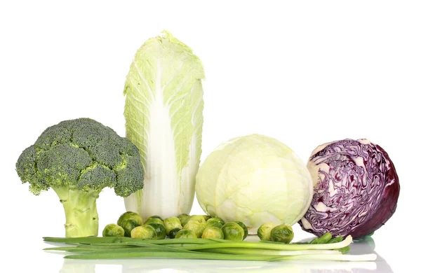 Fresh cabbages, broccoli and green onions isolated on white — Stock Photo, Image