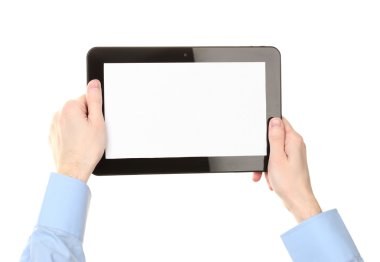 erkek bir tablet üzerinde beyaz izole tutan eller
