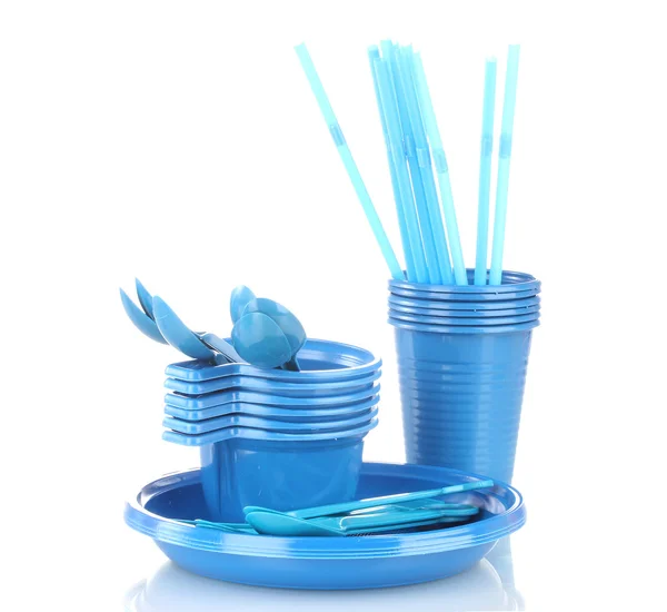Vajilla de plástico azul brillante aislada en blanco — Foto de Stock