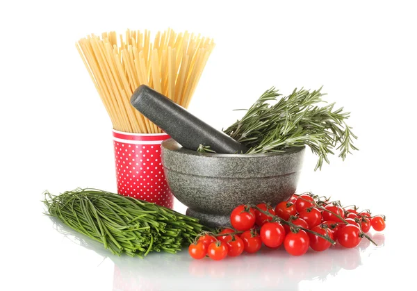 stock image Spaghetti in cup, rosemary in mortar, tomatoes cherry, and green onion isol