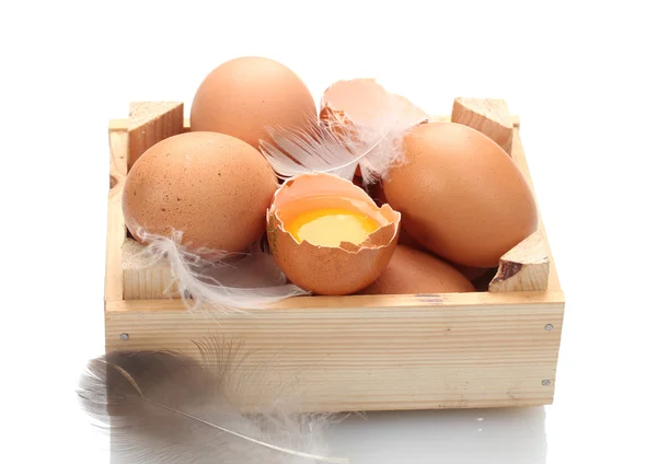 Куриные яйца в деревянной коробке, изолированные на белом — стоковое фото