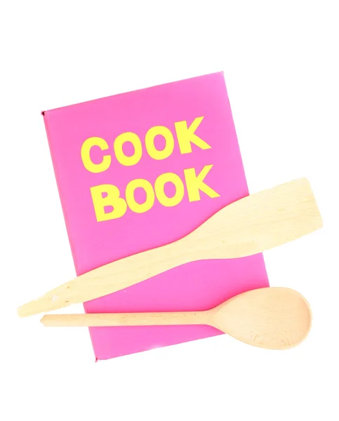 Livro de receitas rosa e utensílios de cozinha isolados em branco — Fotografia de Stock